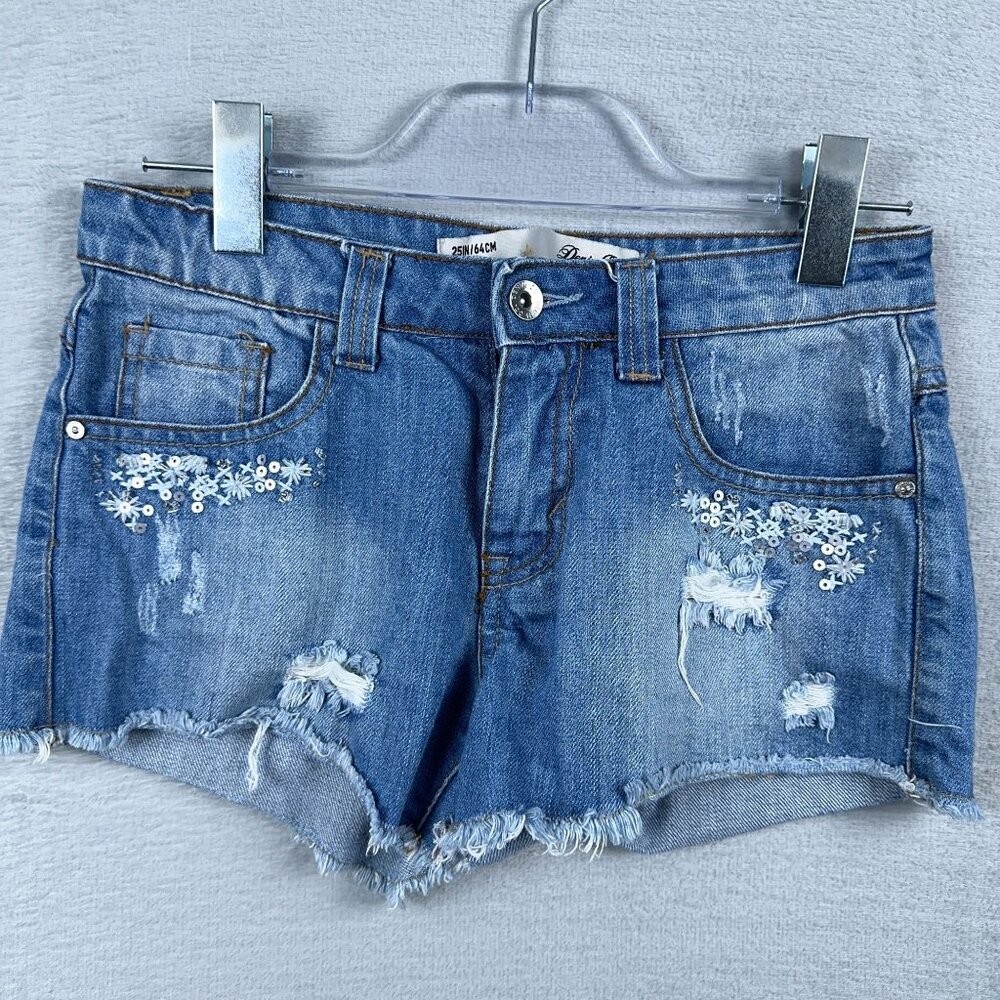 Denim Co Vintage 1969 Denim Shorts Sequin Distressed 100% Cotton Womens Blue W28